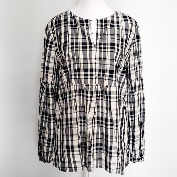 Black & White Plaid Blouse Holiday Cottagecore Baby Doll Balloon Sleeve - Picture 2 of 9